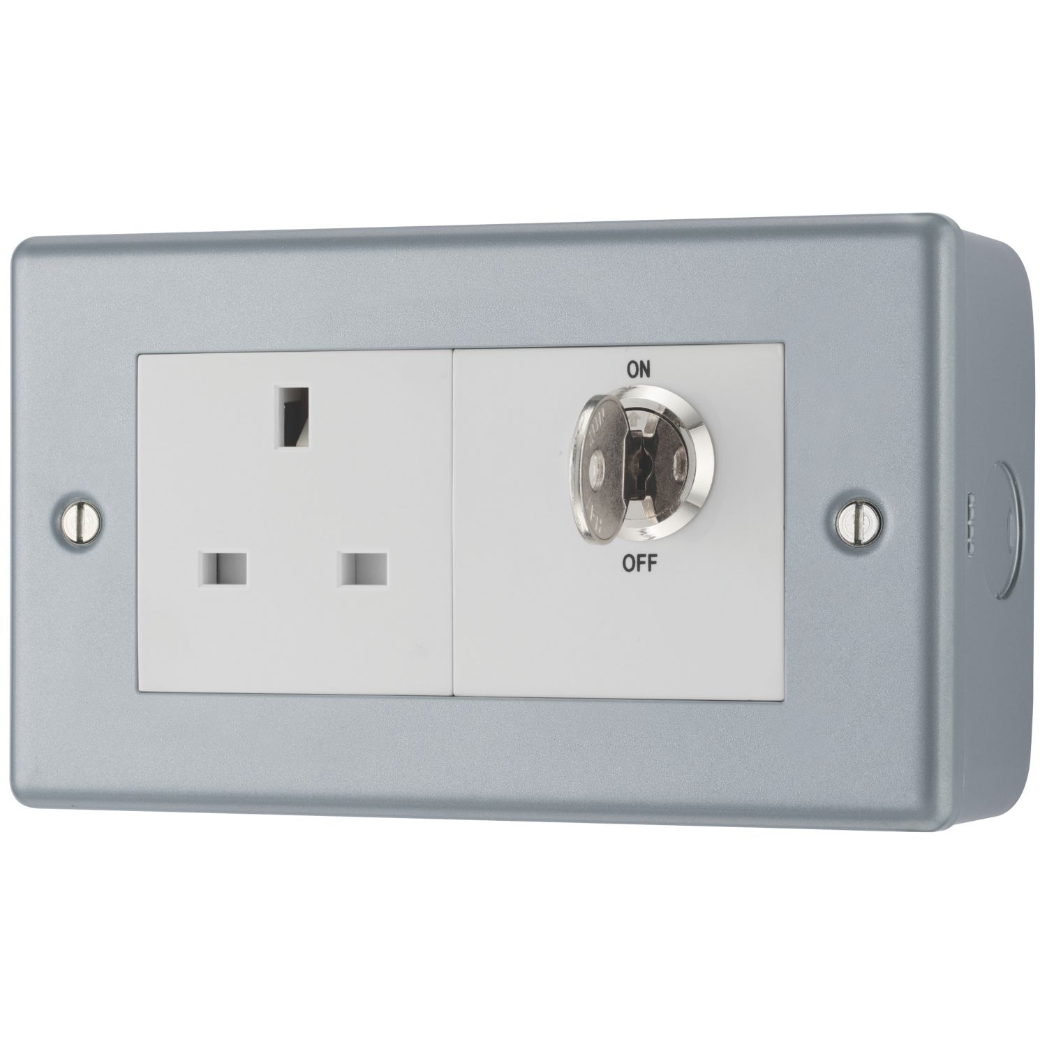 British General 13A 1-Gang DP Switched Metal Clad Key Controlled Power Socket with White Inserts (567XF)