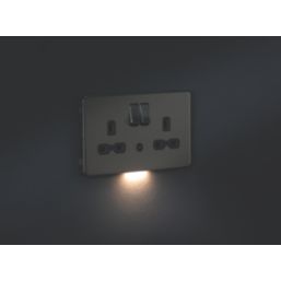 Knightsbridge  13A 2-Gang DP Switched Socket & Night Light Brushed Chrome  with Grey Inserts