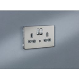 Knightsbridge  13A 2-Gang DP Switched Socket & Night Light Brushed Chrome  with Grey Inserts