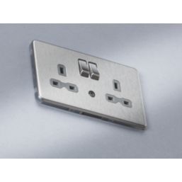 Knightsbridge  13A 2-Gang DP Switched Socket & Night Light Brushed Chrome  with Grey Inserts