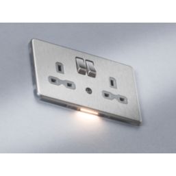 Knightsbridge  13A 2-Gang DP Switched Socket & Night Light Brushed Chrome  with Grey Inserts