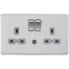 Knightsbridge  13A 2-Gang DP Switched Socket & Night Light Brushed Chrome  with Grey Inserts