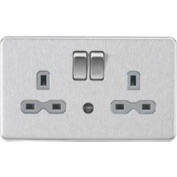 Knightsbridge  13A 2-Gang DP Switched Socket & Night Light Brushed Chrome  with Grey Inserts