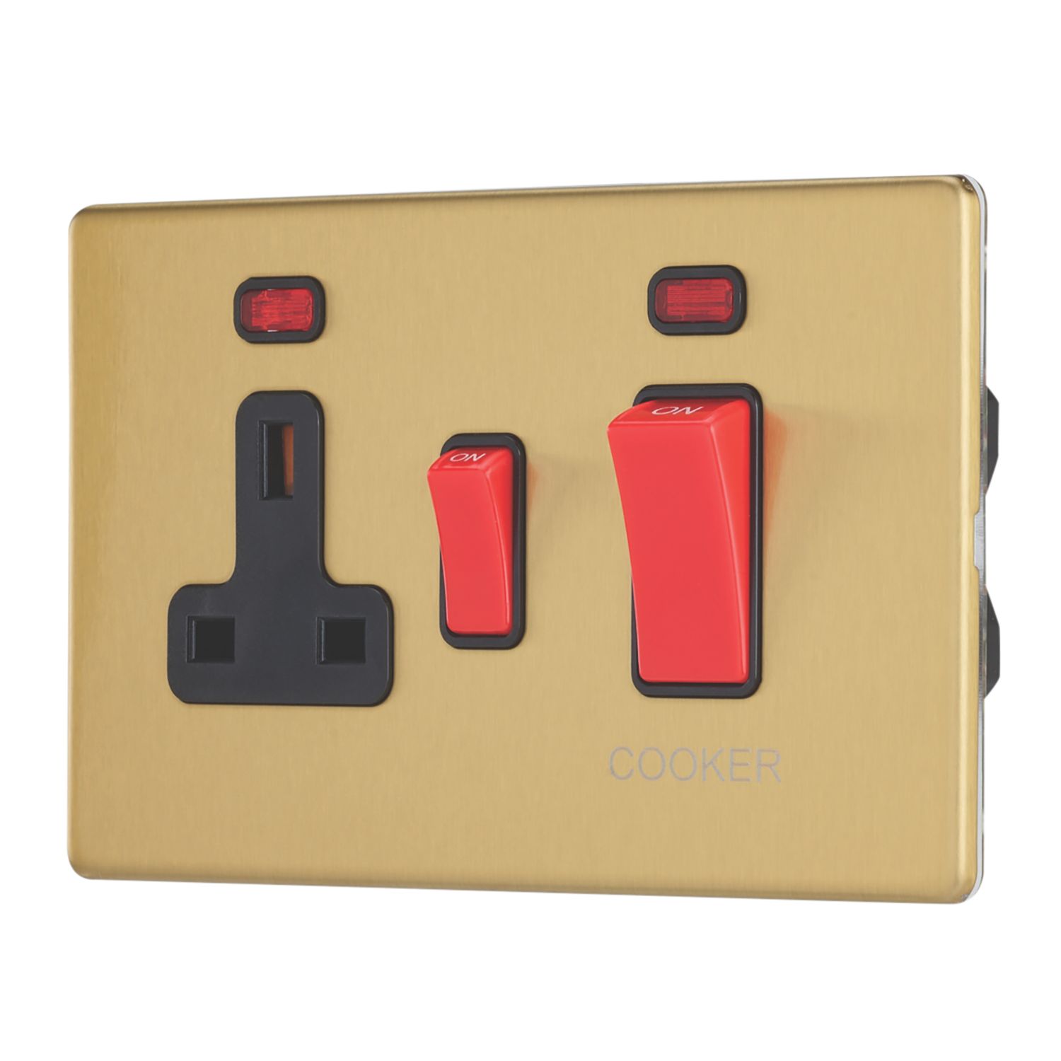 Contactum Lyric 45A 2-Gang DP Cooker Switch & 13A DP Switched Socket Brushed Brass with Neon with Black Inserts (570RP)