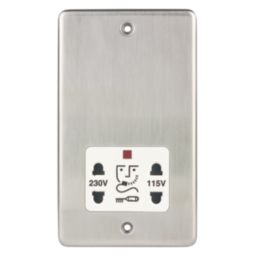 Hager WRSO100BSW  1-Gang Dual Voltage Shaver Socket 115/230V ACV Brushed Steel with White Inserts