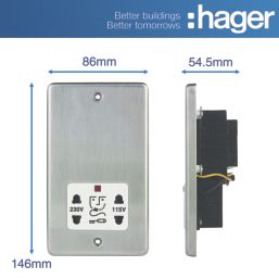 Hager WRSO100BSW  1-Gang Dual Voltage Shaver Socket 115/230V ACV Brushed Steel with White Inserts