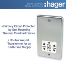 Hager WRSO100BSW  1-Gang Dual Voltage Shaver Socket 115/230V ACV Brushed Steel with White Inserts