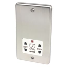 Hager WRSO100BSW  1-Gang Dual Voltage Shaver Socket 115/230V ACV Brushed Steel with White Inserts