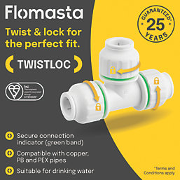 Flomasta Twistloc Plastic Push-Fit Equal Tee 15mm 5 Pack
