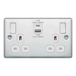 LAP  13A 2-Gang SP Switched Socket + 3A 22W 2-Outlet Type A & C USB Charger Polished Chrome with White Inserts
