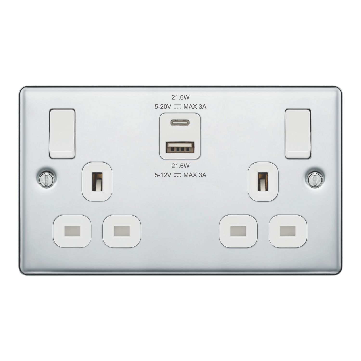 LAP 13A 2-Gang SP Switched Socket + 3A 22W 2-Outlet Type A & C USB Charger Polished Chrome with White Inserts (572PN)