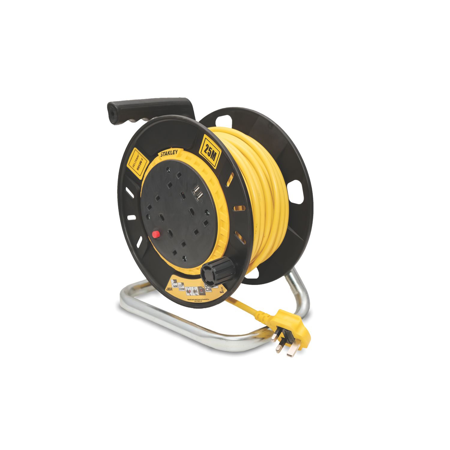 Stanley 13A 4-Gang 25m Cable Reel + 2.1A 2-Outlet Type A USB Charger 240V (572VA)