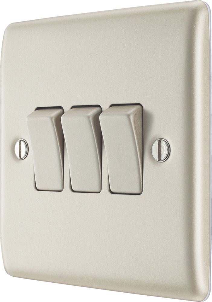 British General Nexus Metal 20A 16AX 3-Gang 2-Way Light Switch  Pearl Nickel with Colour-Matched Inserts