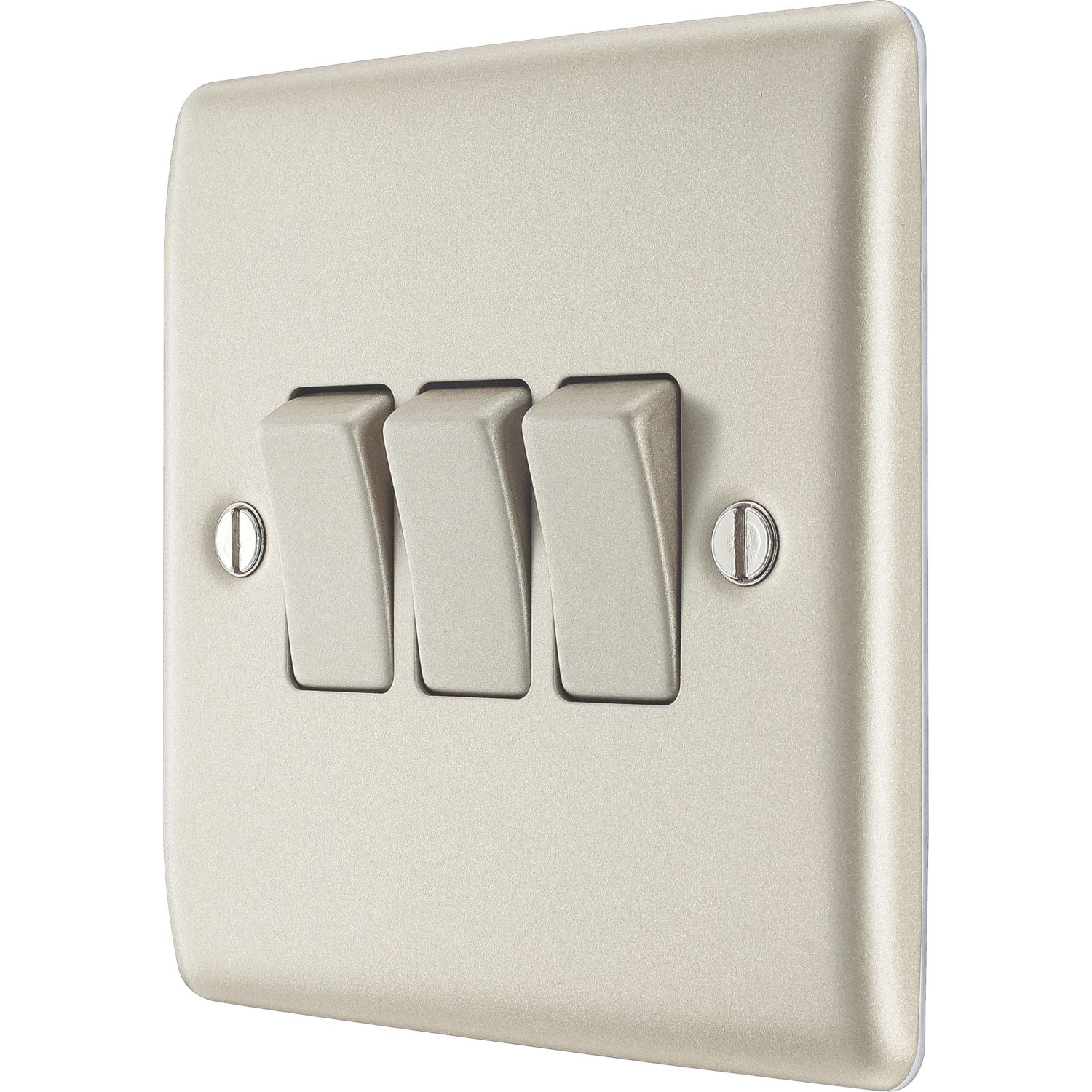 British General Nexus Metal 20A 16AX 3-Gang 2-Way Light Switch Pearl Nickel with Colour-Matched Inserts (573PY)