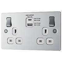 LAP  13A 2-Gang SP Switched Socket + 4.2A 2-Outlet Type A & C USB Charger Polished Chrome with White Inserts