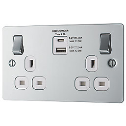 LAP  13A 2-Gang SP Switched Socket + 4.2A 15W 2-Outlet Type A & C USB Charger Polished Chrome with White Inserts