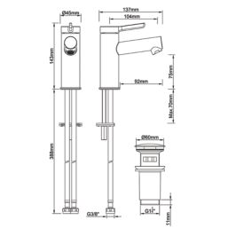Swirl Bonda Titanium 136mm Standard Lever Mono Basin Mixer Tap  With Clicker Waste