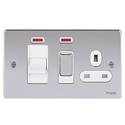 Schneider Electric Ultimate Low Profile 45A 2-Gang DP Cooker Switch & 13A DP Switched Socket Polished Chrome with Neon with White Inserts