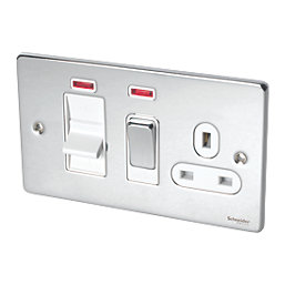 Schneider Electric Ultimate Low Profile 45A 2-Gang DP Cooker Switch & 13A DP Switched Socket Polished Chrome with Neon with White Inserts