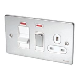 Schneider Electric Ultimate Low Profile 45A 2-Gang DP Cooker Switch & 13A DP Switched Socket Polished Chrome with Neon with White Inserts