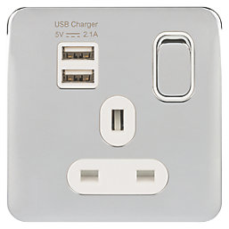 Schneider Electric Lisse Deco 13A 1-Gang SP Switched Socket + 2.1A 10.5W 2-Outlet Type A USB Charger Polished Chrome with White Inserts
