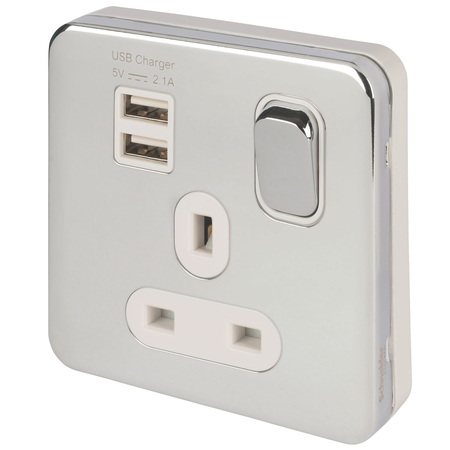 Schneider Electric Lisse Deco 13A 1-Gang SP Switched Socket + 2.1A 10.5W 2-Outlet Type A USB Charger Polished Chrome with White Inserts (576FF)