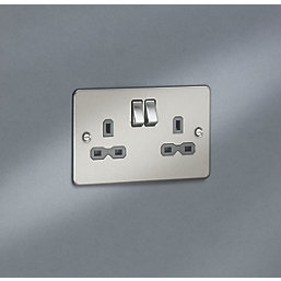 Knightsbridge  13A 2-Gang DP Switched Double Socket Brushed Chrome  with Colour-Matched Inserts