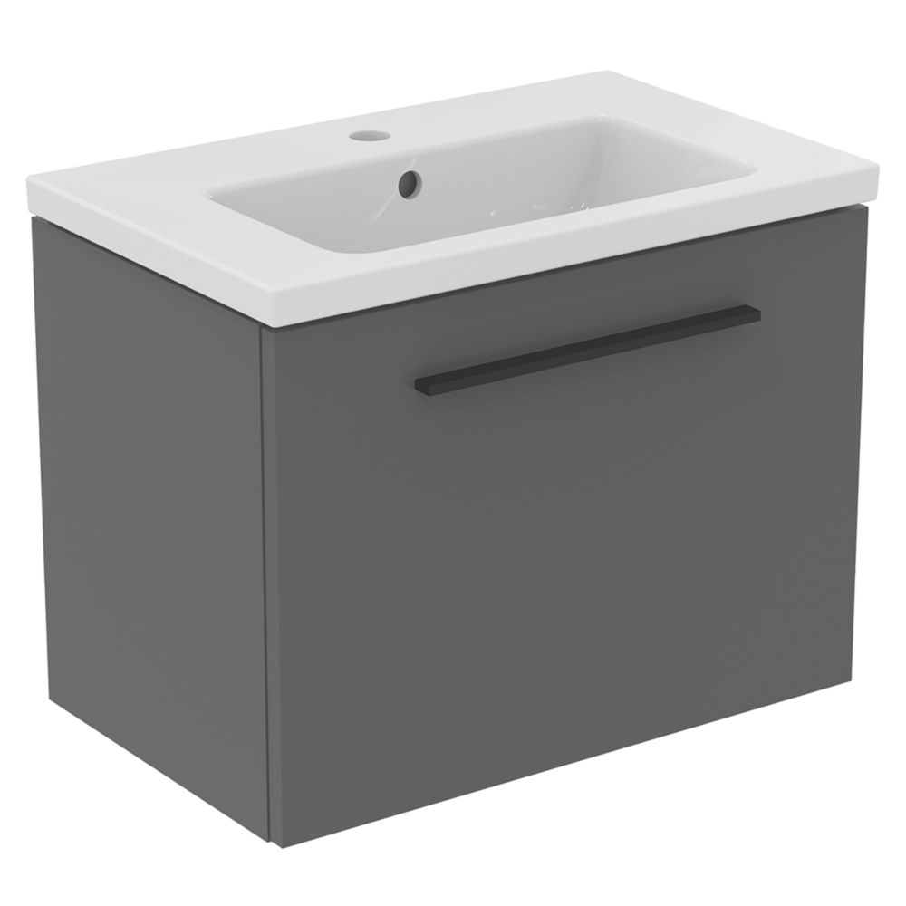 Ideal Standard i.life S Wall Hung Vanity Unit with Black Handle & Basin Matt Grey 600mm x 375mm x 475mm