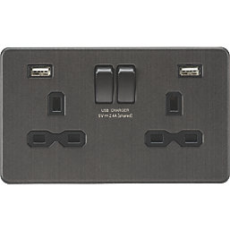 Knightsbridge  13A 2-Gang SP Switched Socket + 2.4A 12W 2-Outlet Type A USB Charger Smoked Bronze with Black Inserts