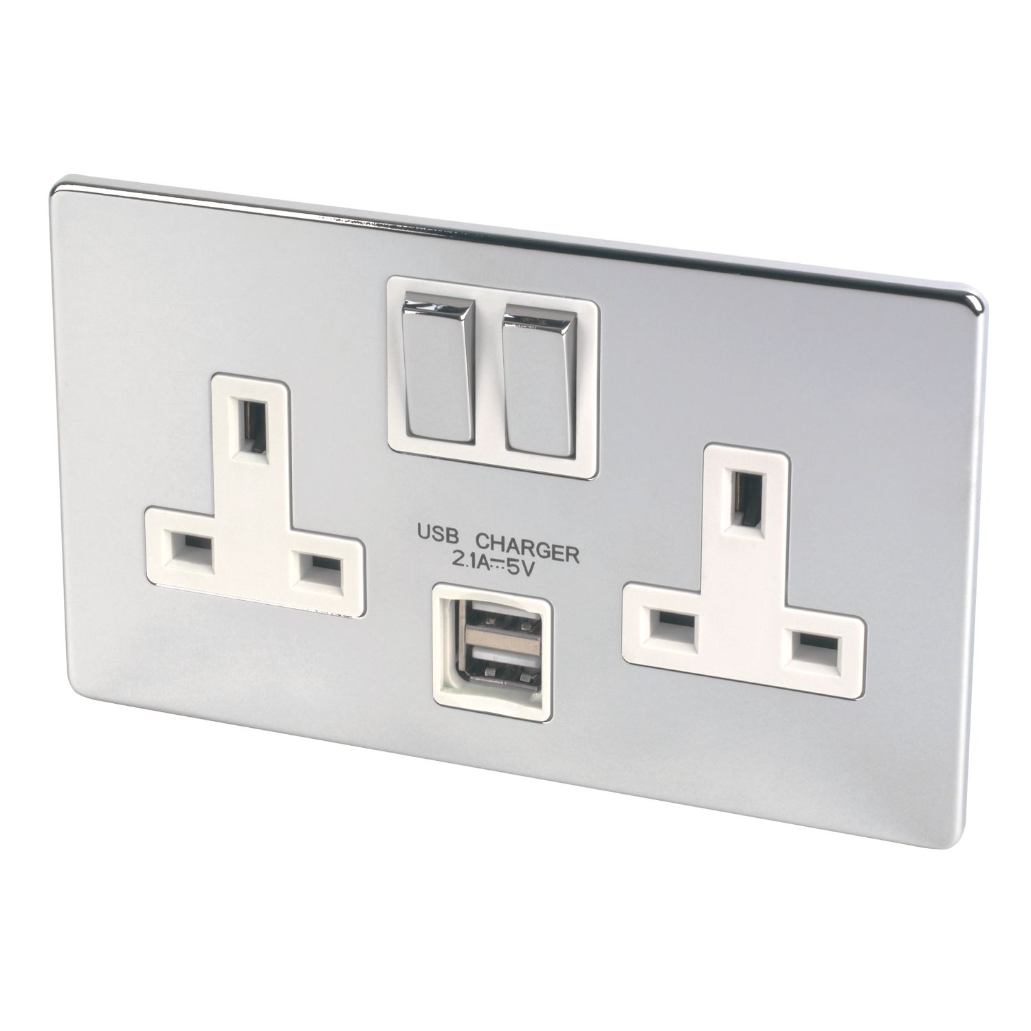 LAP 13A 2-Gang DP Switched Socket + 2.1A 2-Outlet Type A USB Charger Polished Chrome with White Inserts (5829J)