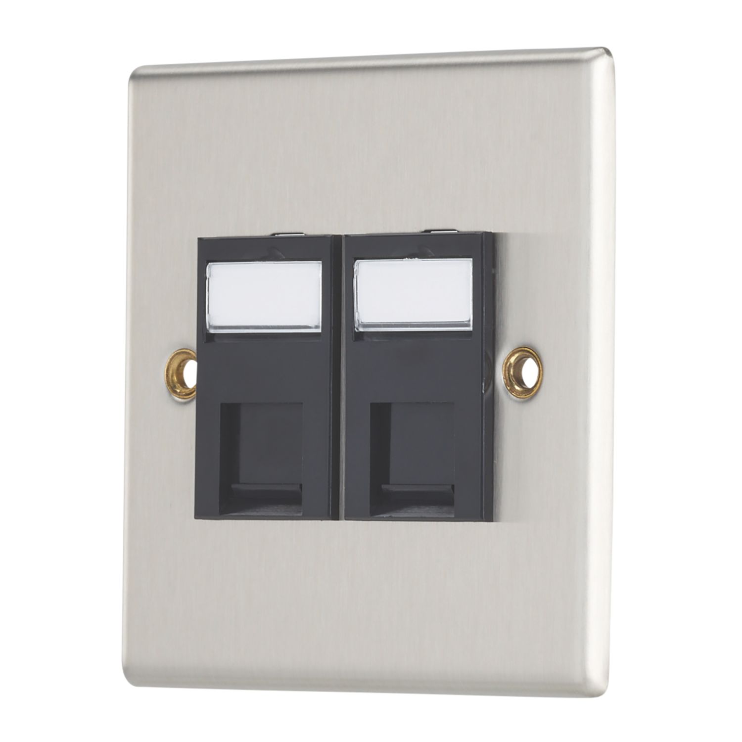 Contactum iConic 2-Gang Double RJ45 Ethernet Socket Brushed Steel with Black Inserts (582RP)