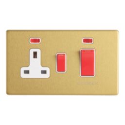 Contactum Lyric 45A 2-Gang DP Cooker Switch & 13A DP Switched Socket Brushed Brass with Neon with White Inserts