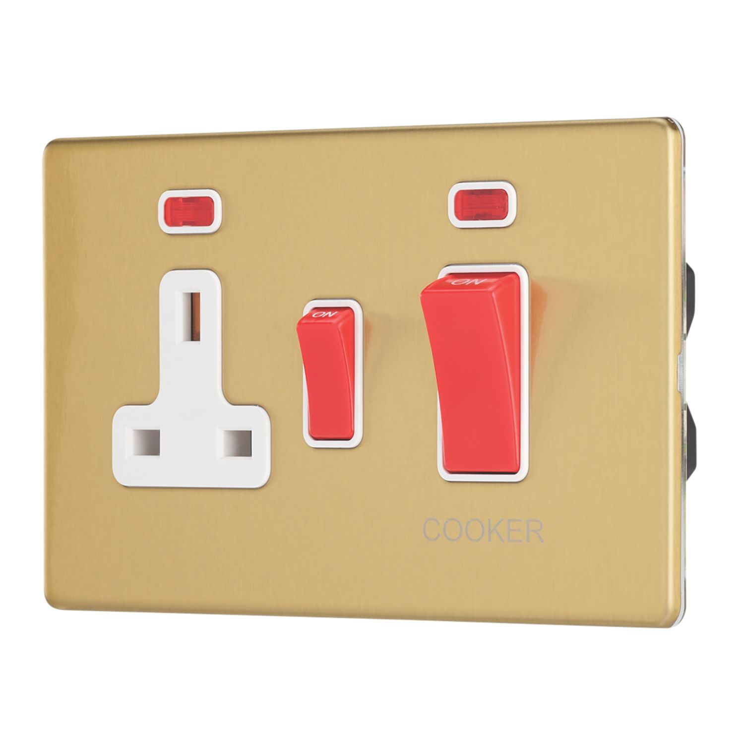 Contactum Lyric 45A 2-Gang DP Cooker Switch & 13A DP Switched Socket Brushed Brass with Neon with White Inserts (582RR)