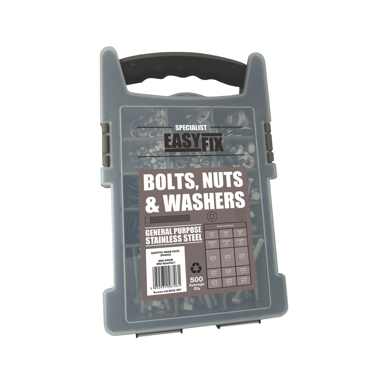 Easyfix Mixed Bolts, Nuts & Washers Pack 500 Pcs (5838K)