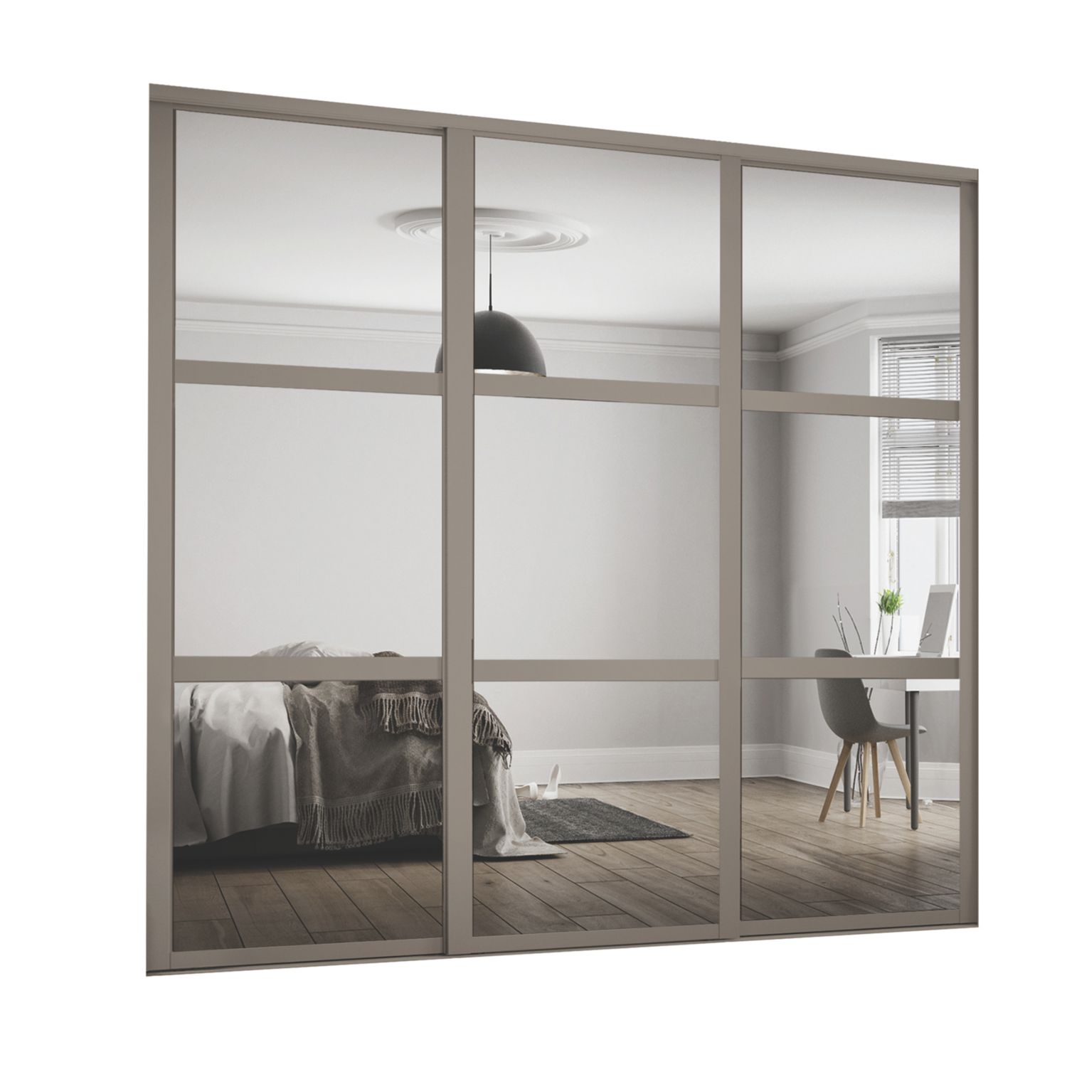 Spacepro Shaker 3-Door Sliding Wardrobe Door Kit Stone Grey Frame Mirror Panel 2592mm x 2260mm (585KJ)