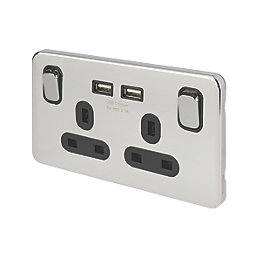 Schneider Electric Lisse Deco 13A 2-Gang SP Switched Socket + 2.1A 2-Outlet Type A USB Charger Polished Chrome with Black Inserts