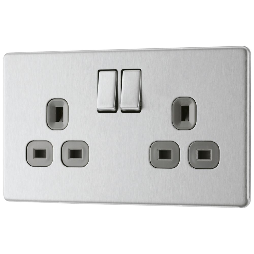 LAP 13A 2-Gang DP Switched Power Socket Brushed Stainless Steel with ...