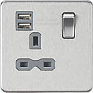 Knightsbridge  13A 1-Gang SP Switched Socket + 2.4A 2-Outlet Type A USB Charger Brushed Chrome with Colour-Matched Inserts