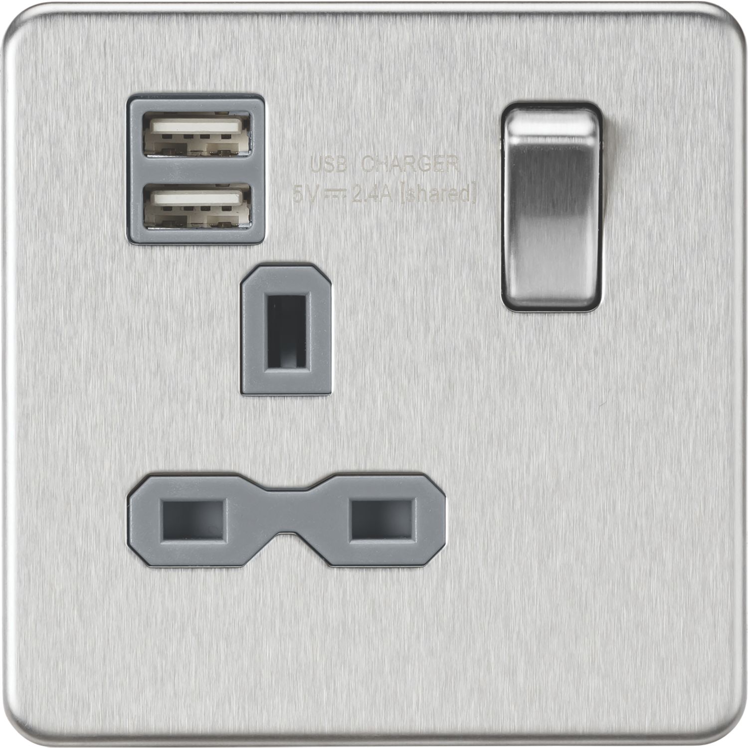 Knightsbridge 13A 1-Gang SP Switched Socket + 2.4A 12W 2-Outlet Type A USB Charger Brushed Chrome with Colour-Matched Inserts (588TX)