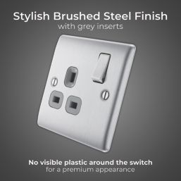British General Nexus Metal 13A 1-Gang SP Switched Plug Socket Brushed Steel  with Graphite Inserts