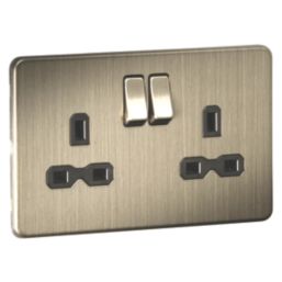 Knightsbridge Screwless 13A 2-Gang DP Switched Double Socket Antique Brass  with Black Inserts