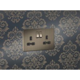Knightsbridge Screwless 13A 2-Gang DP Switched Double Socket Antique Brass  with Black Inserts