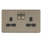 Knightsbridge Screwless 13A 2-Gang DP Switched Double Socket Antique Brass  with Black Inserts