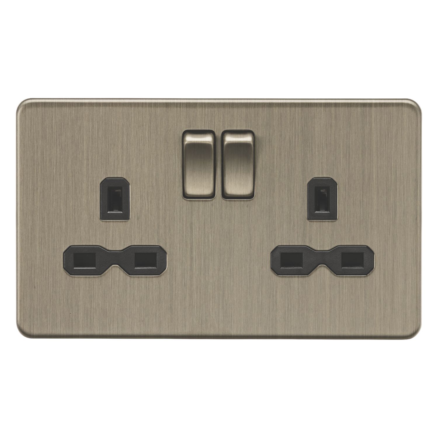 Knightsbridge Screwless 13A 2-Gang DP Switched Double Socket Antique Brass with Black Inserts (589CR)