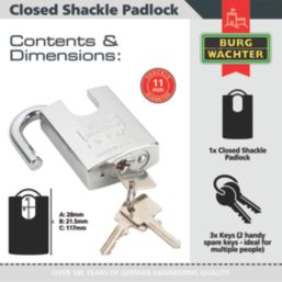 Burg-Wachter Delta   Closed Shackle  Solid Steel Padlock Silver 60mm