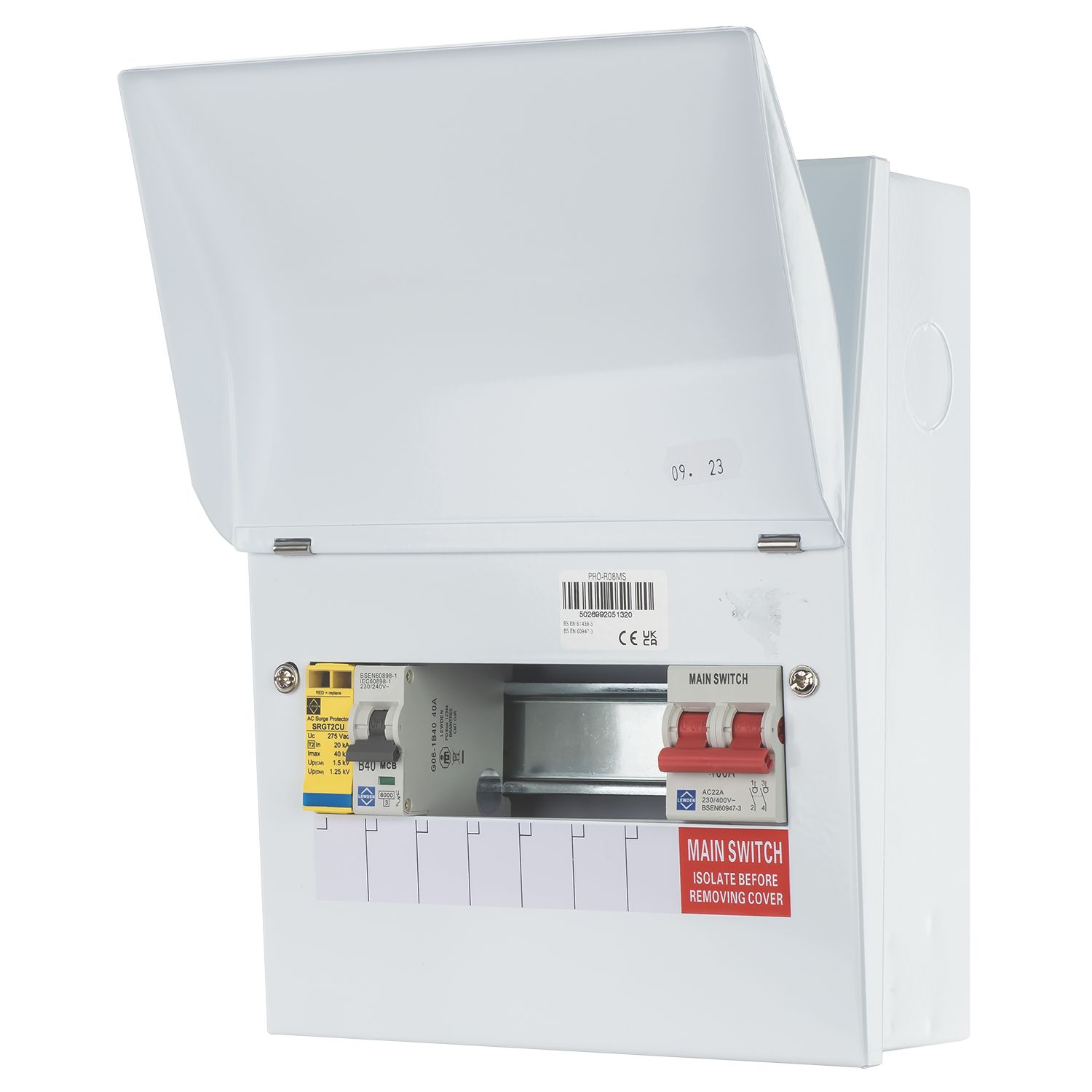 Lewden PRO-R08MS 7-Module 5-Way Part-Populated High Integrity Main Switch Consumer Unit with SPD (590AF)