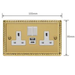 Varilight  13A 2-Gang SP Switched Socket + 4A 20W 2-Outlet Type A & C USB Charger Georgian Brass with White Inserts