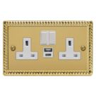 Varilight  13A 2-Gang SP Switched Socket + 4A 20W 2-Outlet Type A & C USB Charger Georgian Brass with White Inserts