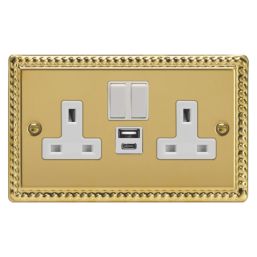 Varilight  13A 2-Gang SP Switched Socket + 4A 20W 2-Outlet Type A & C USB Charger Georgian Brass with White Inserts