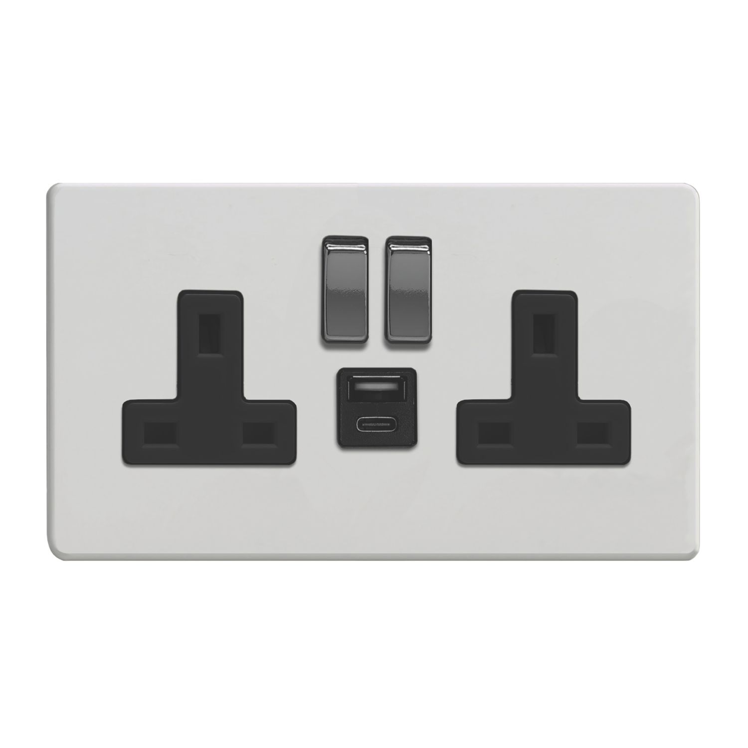 Varilight 13A 2-Gang 1P+N Switched Socket + 4A 20W 2-Outlet Type A & C USB Charger Paintable with Black Inserts (591YT)